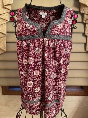 J Jill Burgundy/Pink Floral Print Sleeveless Stretch Blouse Size XS Boho